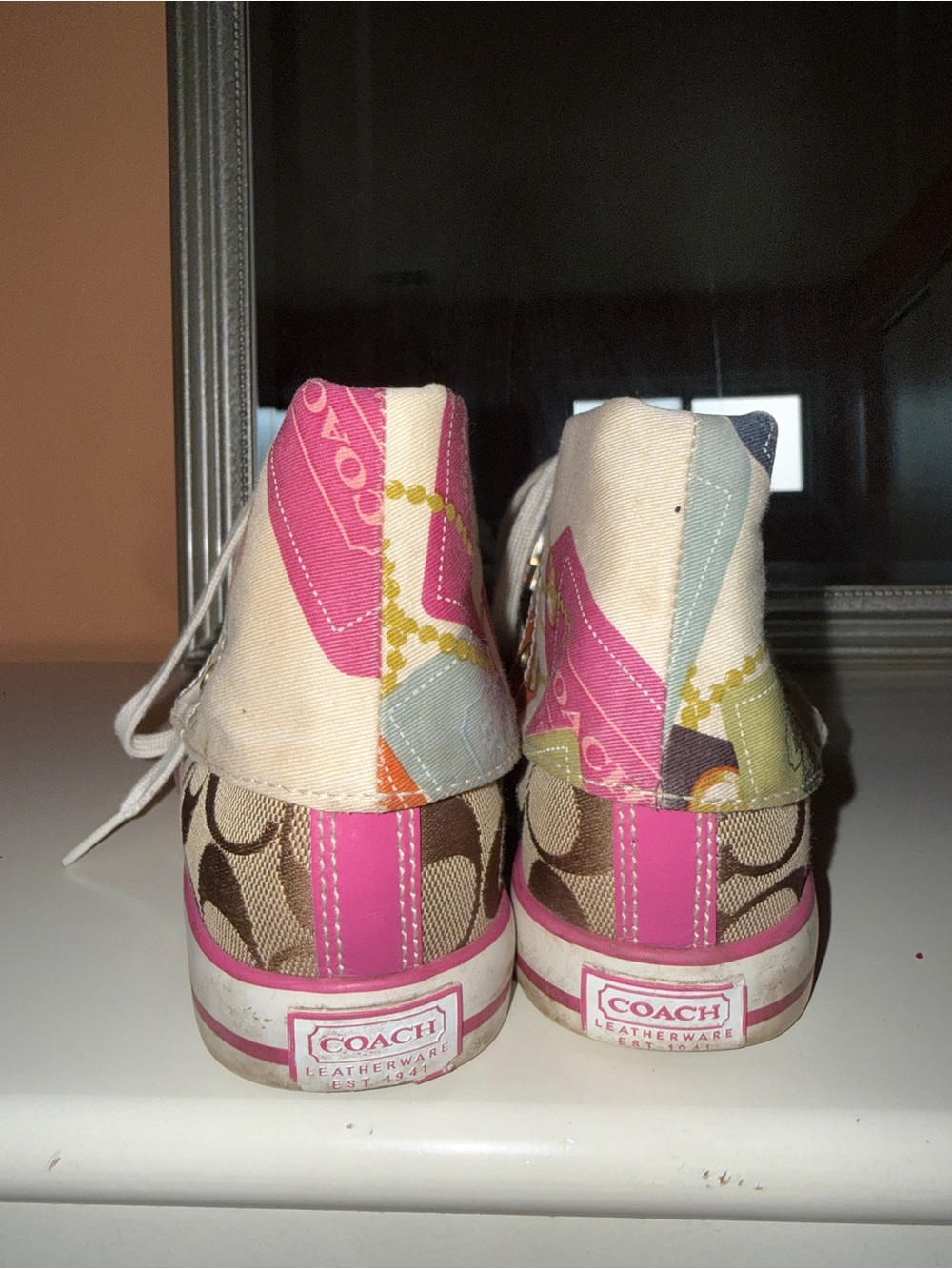 Coach Brown Signature High-Top Sneakers with Pink Trim - Picture 3 of 7